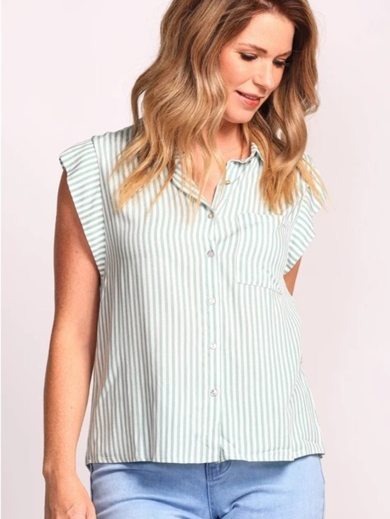 Pink Martini Tops - Pink Martini Mint Green and White Striped Sleeveless Button-Down Top